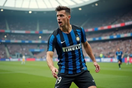 Footballeur en action en maillot inter milan sur terrain extérieur