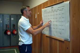 Joueur de padel planifiant sa saison 2026 en étudiant un calendrier de tournois dans un vestiaire de club sportif