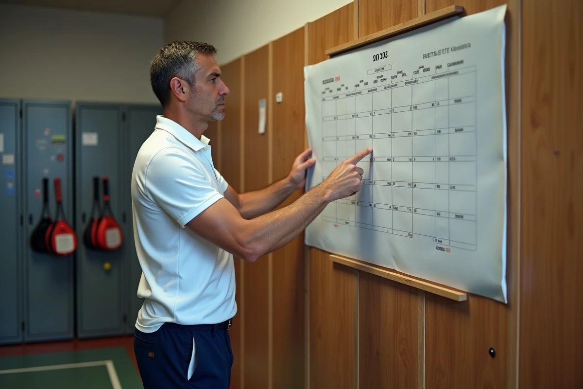Joueur de padel planifiant sa saison 2026 en étudiant un calendrier de tournois dans un vestiaire de club sportif