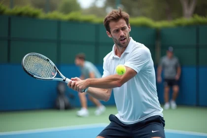 Joueur de padel masculin en tournoi P250 réalisant une frappe manquée avec une expression frustrée sur un court extérieur