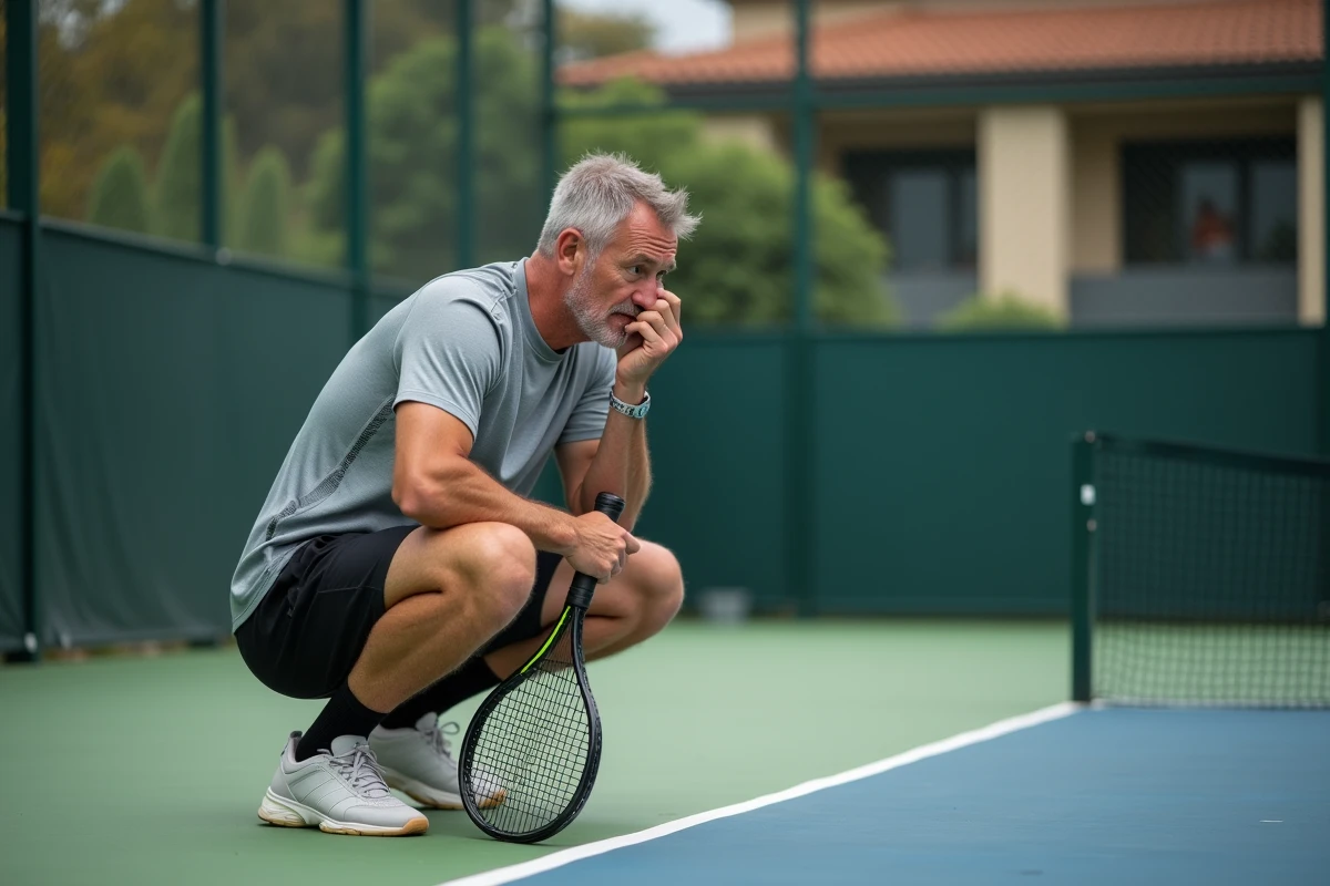 Joueur de padel senior en réflexion après une erreur coûteuse lors d'un tournoi P250 en extérieur