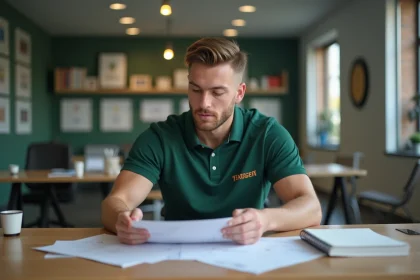 Jeune joueur rugby en bureau moderne et professionnel