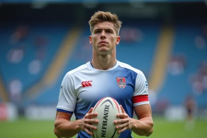 Joueur de rugby U20 tenant un ballon ovale sur un terrain de match lors de la Coupe du monde des moins de 20 ans 2026
