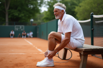 Joueur de tennis mature assis sur banc courtside