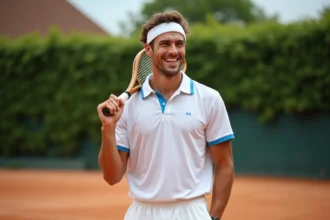 Jeune joueur de tennis souriant en tenue vintage sur court en terre battue