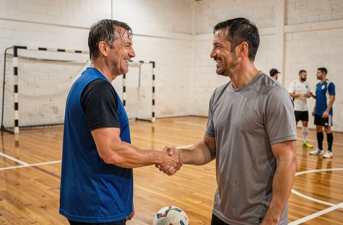 Deux joueurs de football adultes se serrant la main avec le sourire après un match de futsal en salle dans un club parisien amateur