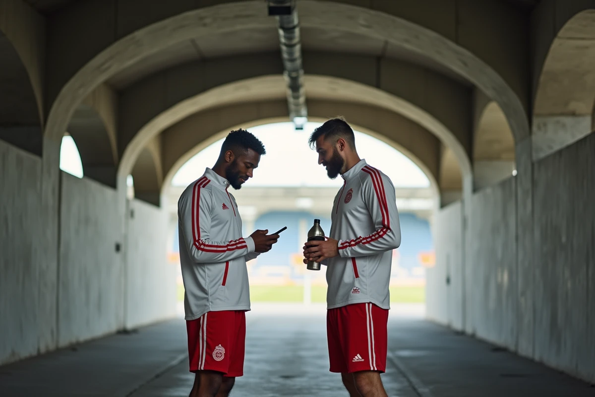Joueurs de football professionnel en tenue d'entraînement discutant dans le couloir d'un grand stade parisien