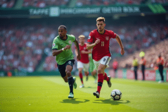 Deux joueurs de football sprintent sur le terrain en pleine lumière