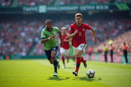 Deux joueurs de football sprintent sur le terrain en pleine lumière