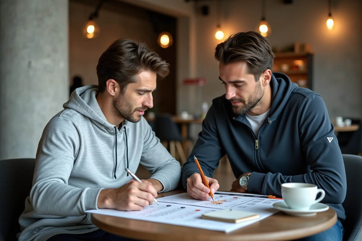 Deux joueurs de padel discutant ensemble du calendrier compétitif P100 autour d'un café dans le lounge d'un club