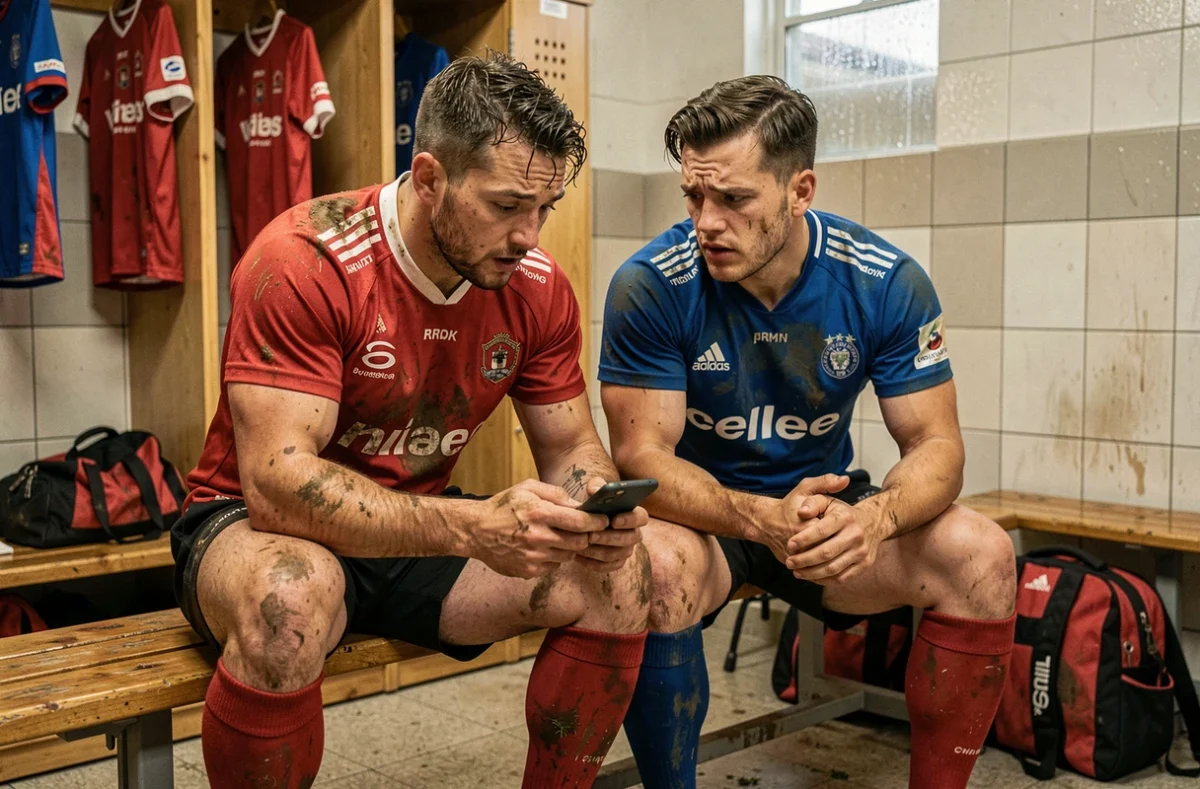 Deux joueurs de rugby consultant leur smartphone pour vérifier le résultat fédéral modifié après le match