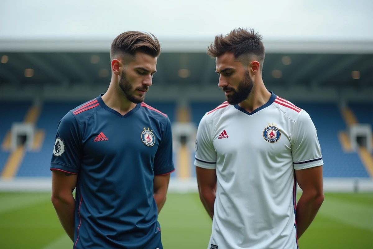Deux joueurs de football comparant la qualité d'impression du logo de leur club sur leurs maillots neufs sur un terrain de football