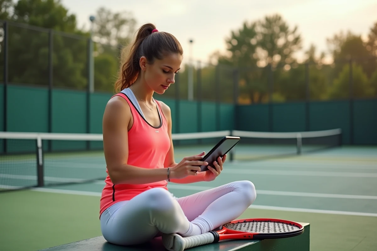 Joueuse de padel consultant le calendrier du tournoi P100 sur une tablette depuis le bord du court en extérieur