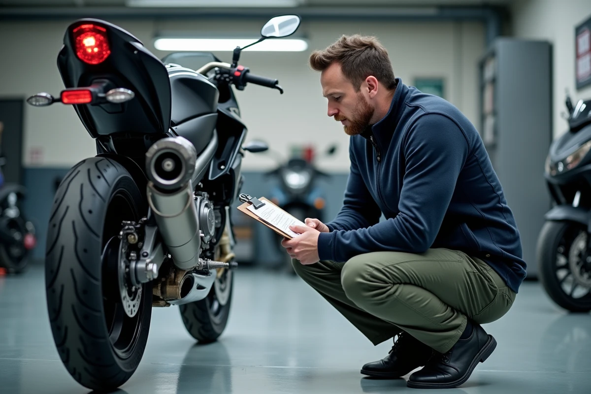 Journaliste moto examinant les détails techniques de l'Aprilia RS 125 2026 dans un garage d'essai intérieur