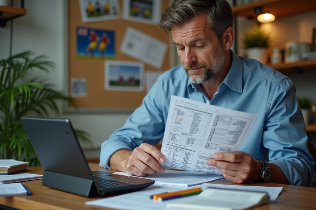 Journaliste sportif analysant scores de rugby en intérieur