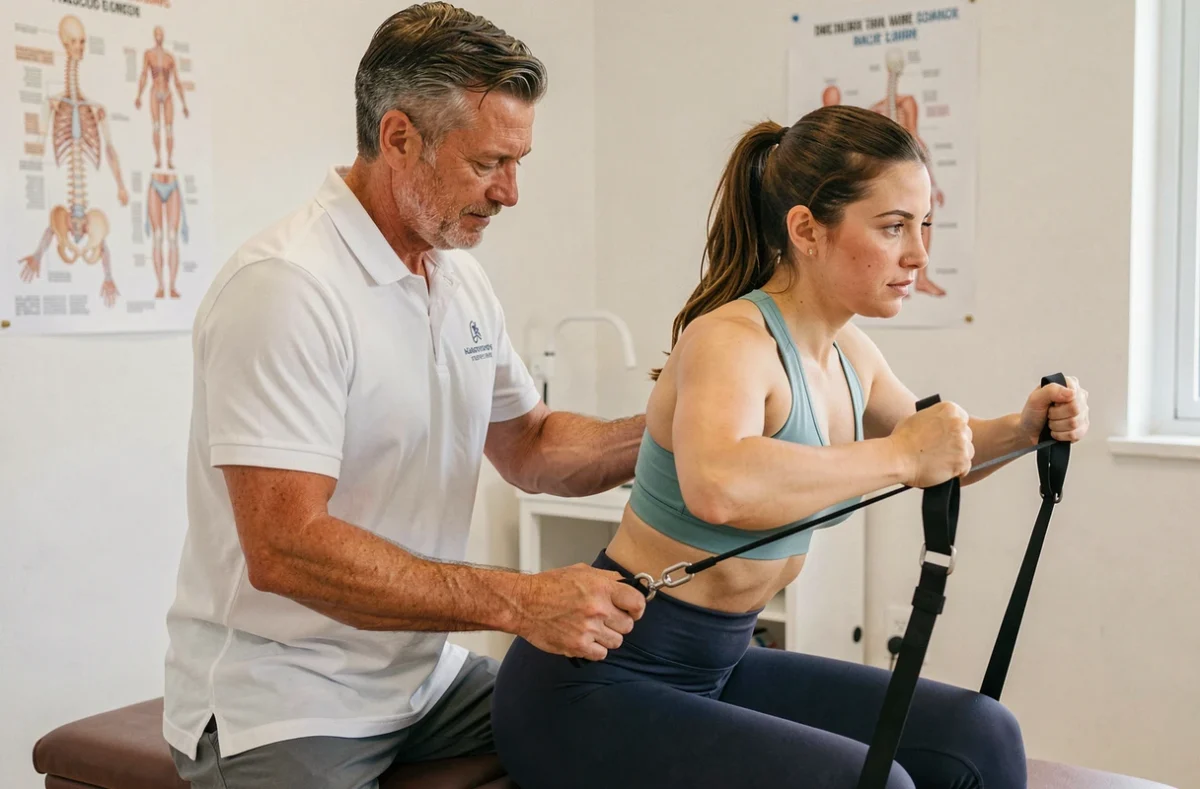 Kinésithérapeute guidant une patiente dans un exercice de tirage avec élastique en cabinet de rééducation pour corriger la posture du dos