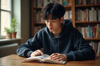 Jeune homme lisant un manga Blue Lock assis à son bureau entouré de volumes de manga en arrière-plan