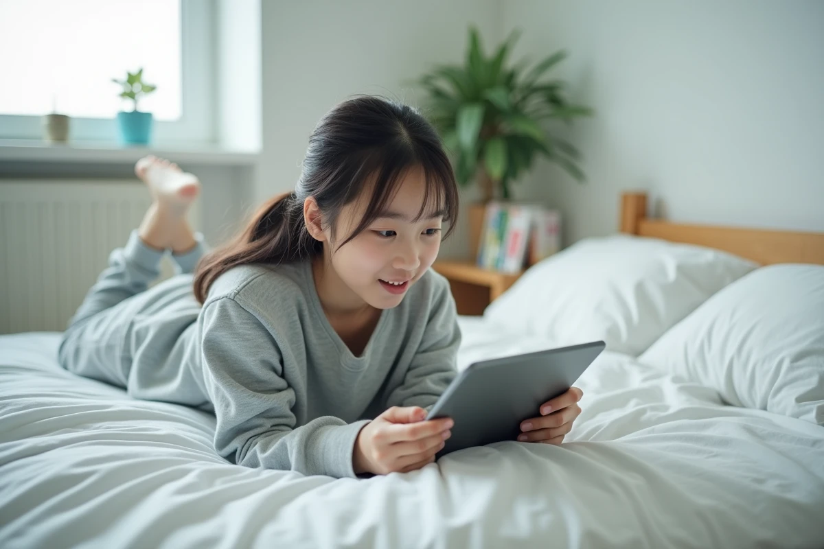 Adolescente lisant Blue Lock en version française sur une tablette allongée sur son lit