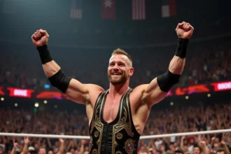 Lutteueur en costume noir et or dans une arene en France