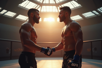 Deux lutteurs de MMA se serrant la main dans la cage en plein jour