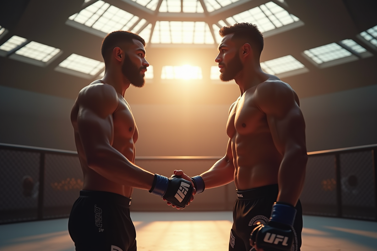 Deux lutteurs de MMA se serrant la main dans la cage en plein jour