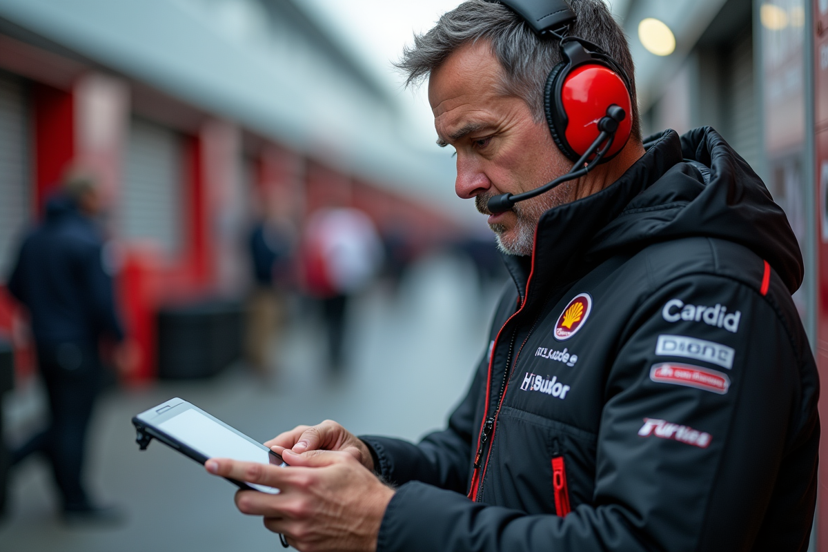 Manager d equipe en pit lane avec tablette en main