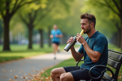 Coureur marathon homme mangeant une banane dans un parc