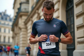Marathonien homme en préparation devant un bâtiment parisien