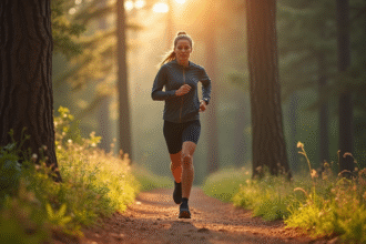 Personne courant en forêt avec tracker et lumière du soleil