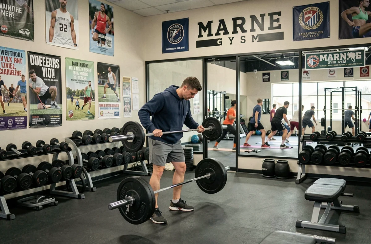 Intérieur de Marne Gym avec espace musculation et studio de cours collectifs visible en fond