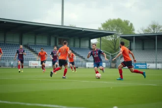 Match de football amateur en Essonne, deux équipes s'affrontent sur un terrain en herbe dans un stade de district FFF