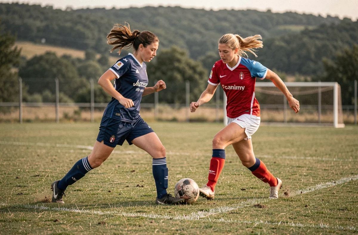 Duel de joueuses de football féminin en plein match sur un terrain régional de Drôme Ardèche