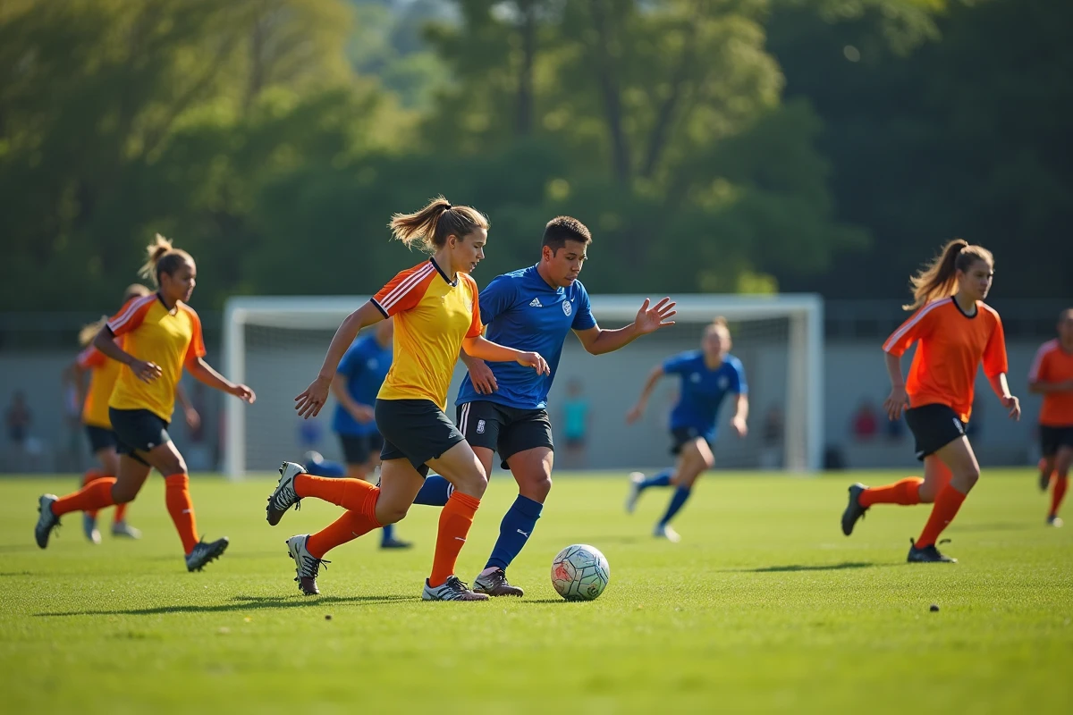 Match de football en extérieur avec joueurs divers en action
