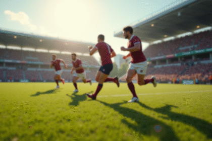 Match de rugby en plein effort sur un stade ensoleille