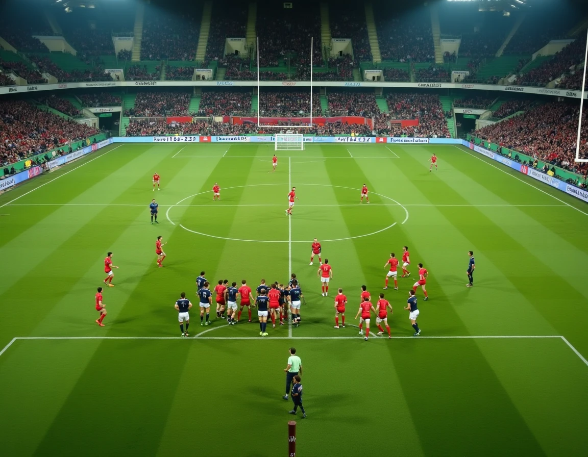 Vue panoramique d'un match de rugby U20 lors de la Coupe du monde 2026 avec deux équipes s'affrontant dans un stade international