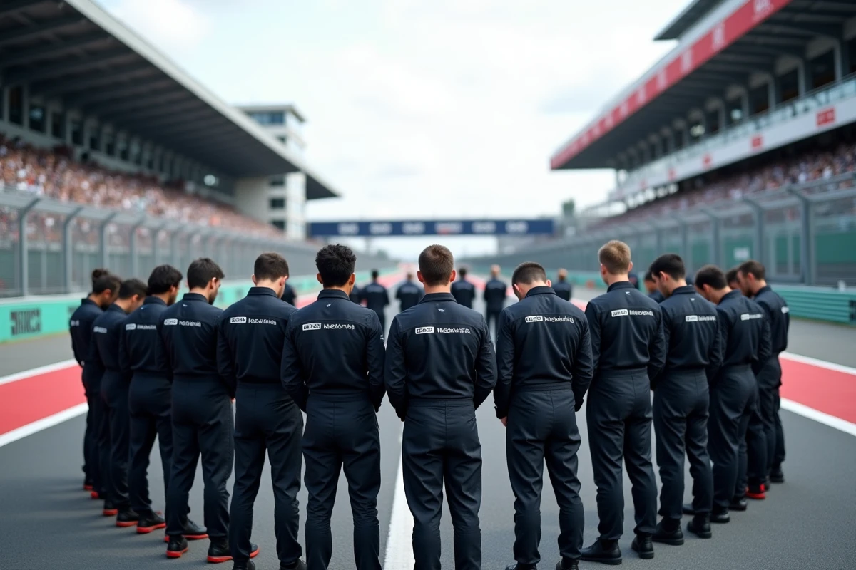 Mécaniciens de Formule 1 en silence dans la pit lane lors d'un hommage collectif rendu à un pilote légendaire disparu