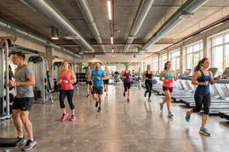 Vue panoramique d'une salle de sport moderne en Essonne avec zones cardio et musculation