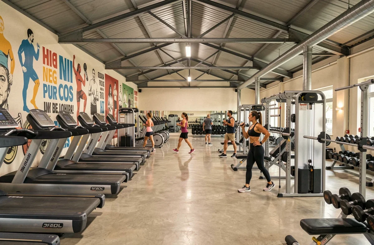 Vue panoramique d'une salle de sport moderne dans la Marne avec équipements de fitness et membres actifs