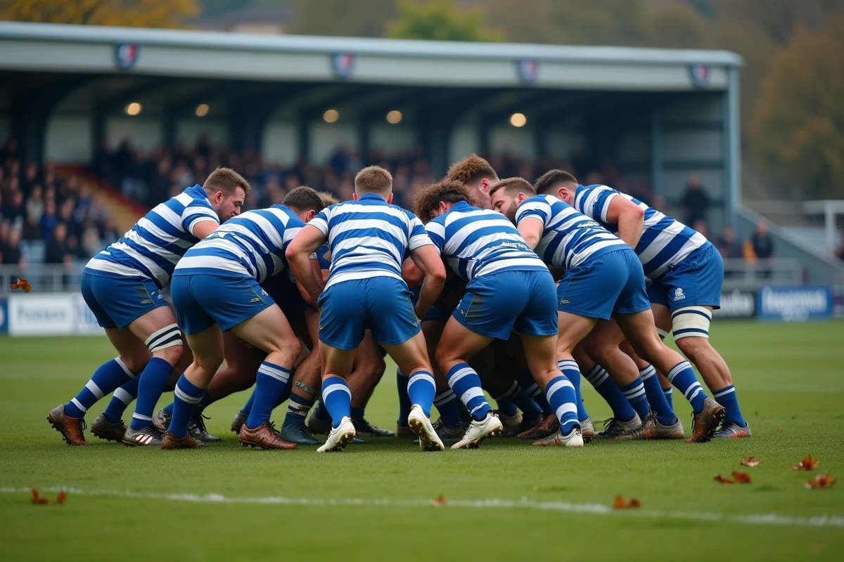 Mêlée engagée entre deux équipes de rugby en Fédérale 2 Poule 3 lors d'un match sur terrain enherbé en automne