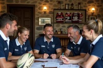 Membres du CA libre Rugby réunis autour d'une table dans leur clubhouse pour une réunion conviviale