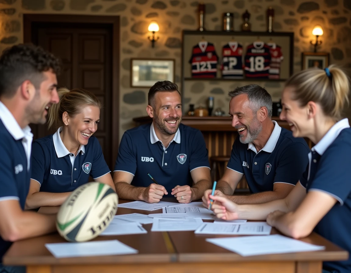Membres du CA libre Rugby réunis autour d'une table dans leur clubhouse pour une réunion conviviale