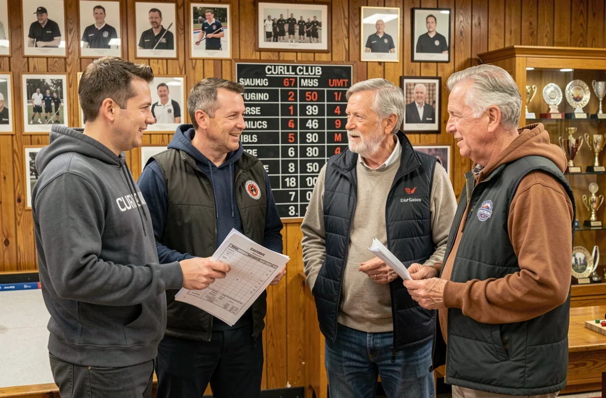 Membres d'un club de curling discutant des règles et du score après une partie récréative devant un tableau de pointage