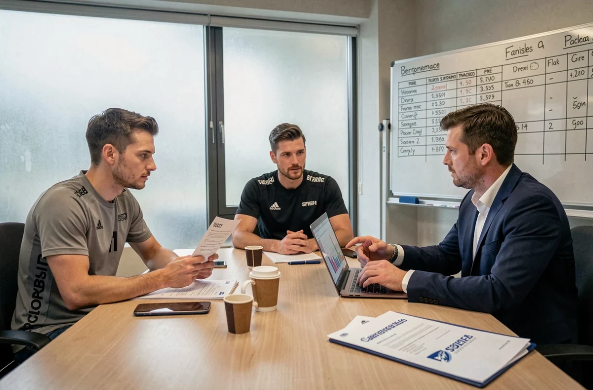 Réunion de négociation salariale entre cyclistes professionnels et directeur sportif d'une équipe WorldTour