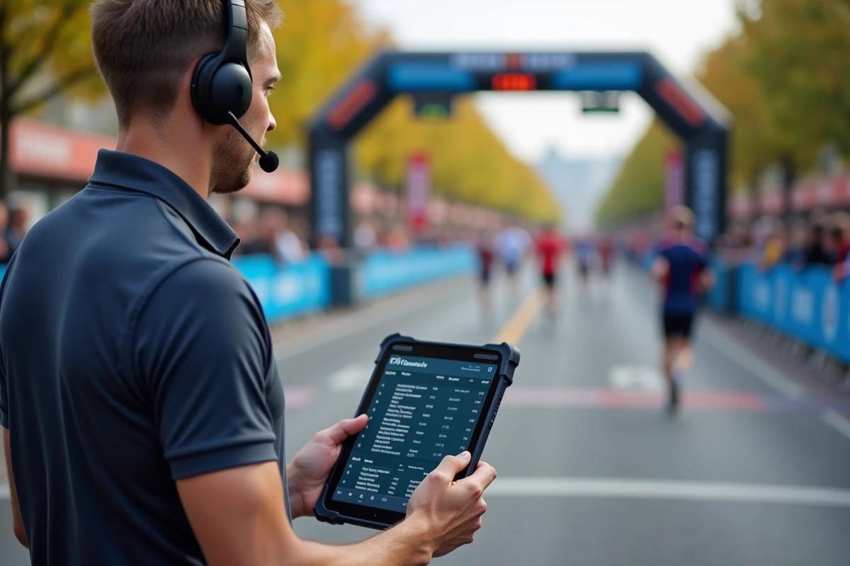 Officiel de course consultant les résultats en temps réel sur tablette numérique à la ligne d'arrivée d'un événement sportif urbain