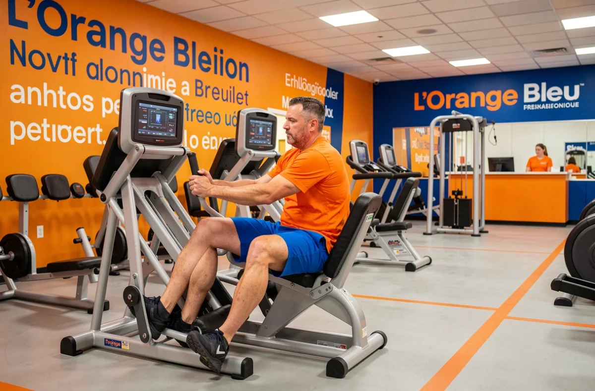 Intérieur de L'Orange Bleue Breuillet avec machines de musculation aux couleurs orange et bleu