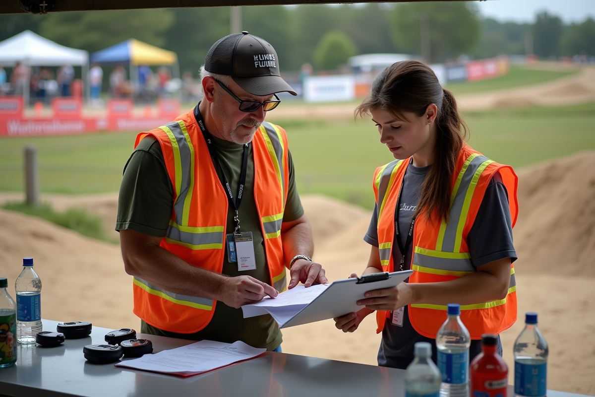 Adultes organisant une inscription pour course de dirt bike