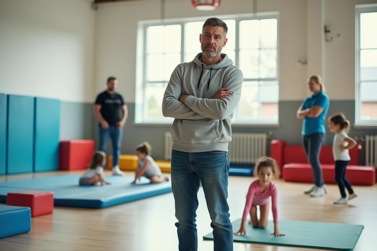 Père anxieux observant son enfant de 3 ans lors d'un cours de gym éveil, représentant l'erreur de surimpliquer les parents dans l'activité sportive des tout-petits