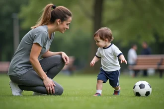 Mère essayant d'initier son enfant de 3 ans au football dans un parc, illustrant les erreurs fréquentes des parents face au manque d'enthousiasme du tout-petit