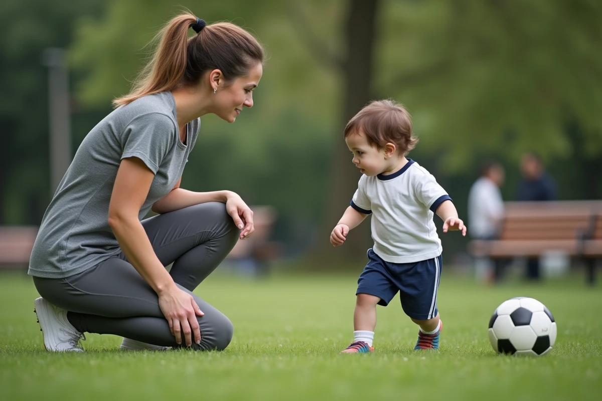 Mère essayant d'initier son enfant de 3 ans au football dans un parc, illustrant les erreurs fréquentes des parents face au manque d'enthousiasme du tout-petit