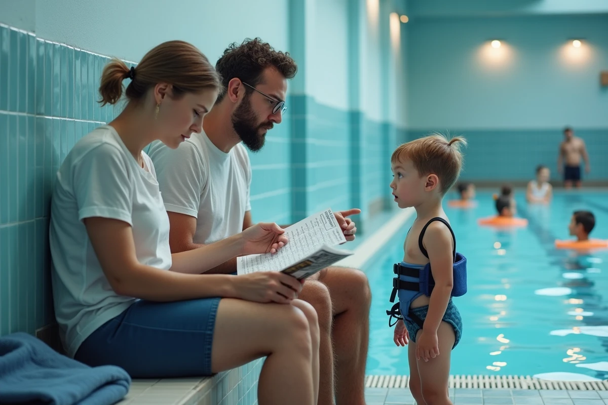 Parents trop sérieux planifiant le parcours sportif de leur enfant de 3 ans à la piscine, illustrant l'erreur de vouloir structurer excessivement le sport chez les tout-petits